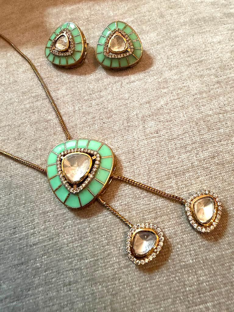 Mint Green Pendant Necklace Set with Matching Earrings, Geometric Statement