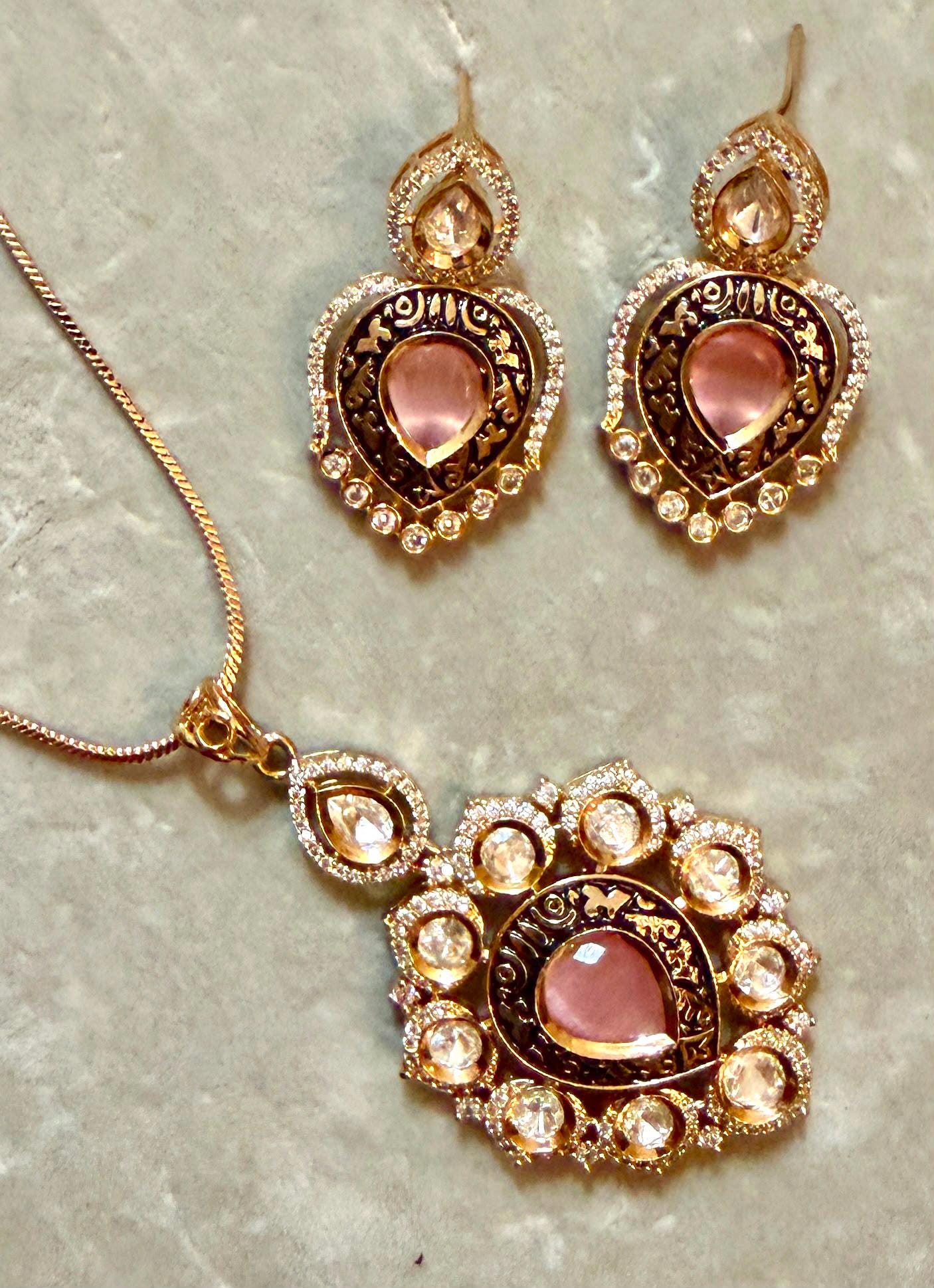 Pink Teardrop Pendant Necklace Set with Matching Earrings, Gold Tone Statement
