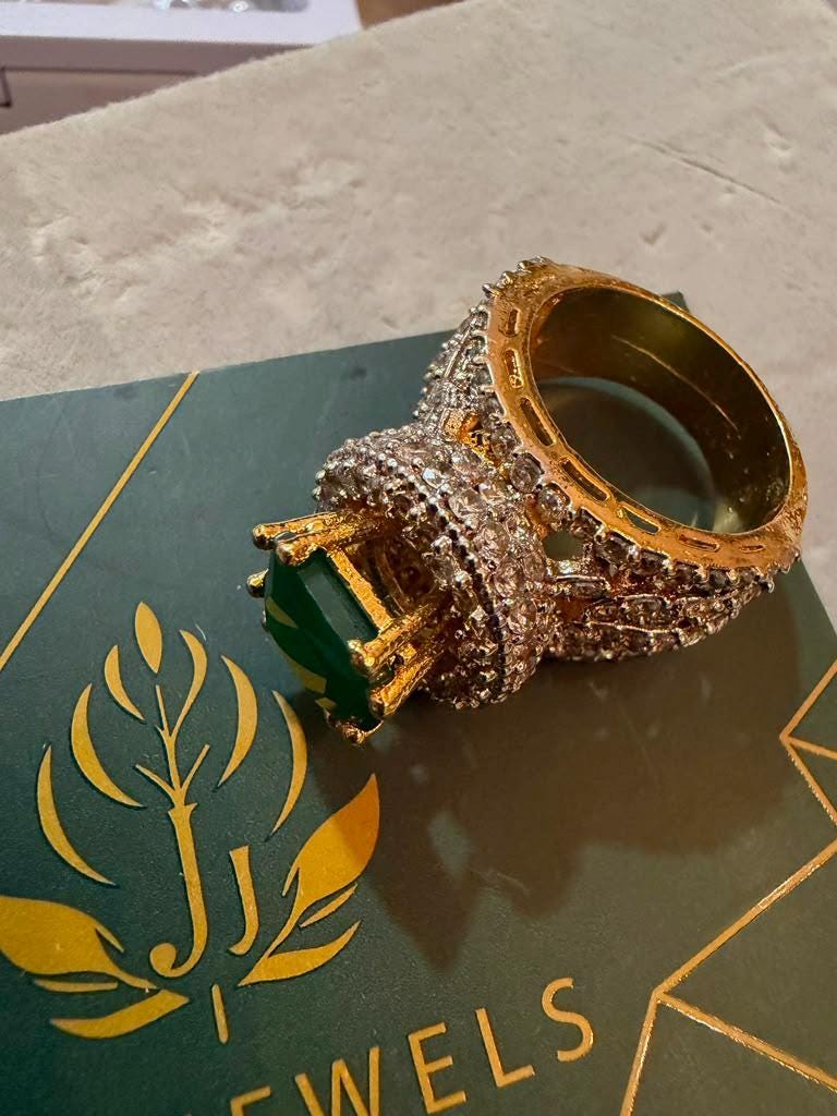 Emerald Green Statement Ring, Cut Cocktail , Crystal Halo Ring, Gold Tone Adjustable