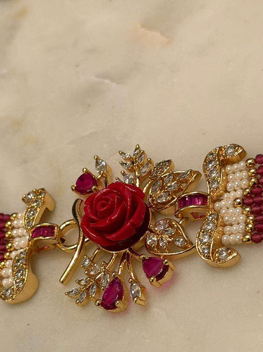 Gold Plated Floral Choker Necklace, Rose Pearl Choker, Statement Bridal