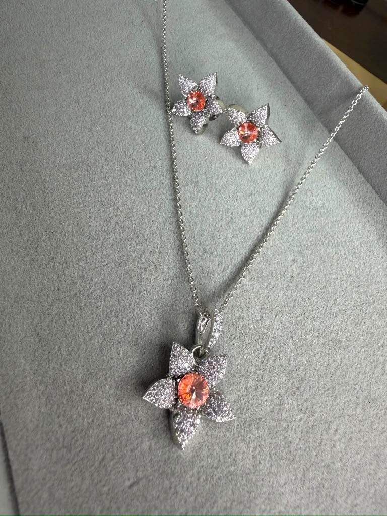 Silver Tone Flower Jewelry Set, Peach Floral Necklace and Earrings Set, Elegant Statement , Gift for Her