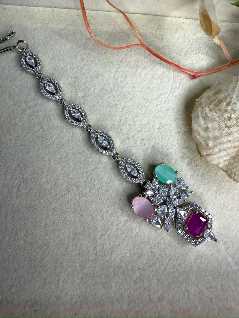 Colorful Silver Tone Maang Tikka, Multicolor Bridal Forehead Jewelry, Statement Wedding Headpiece