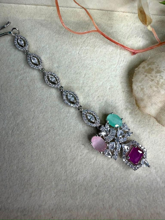 Colorful Silver Tone Maang Tikka, Multicolor Bridal Forehead Jewelry, Statement Wedding Headpiece