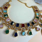 Multicolor Statement Jewelry Set, Gold Tone Necklace and Earrings Set, Colorful Pendant