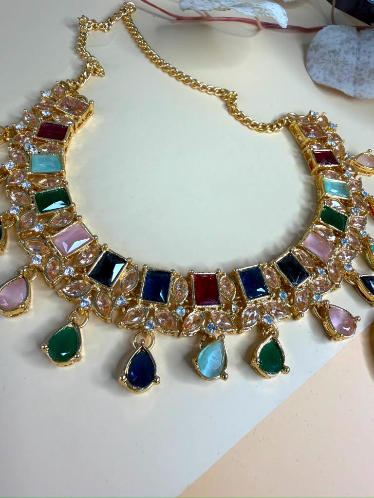 Multicolor Statement Jewelry Set, Gold Tone Necklace and Earrings Set, Colorful Pendant