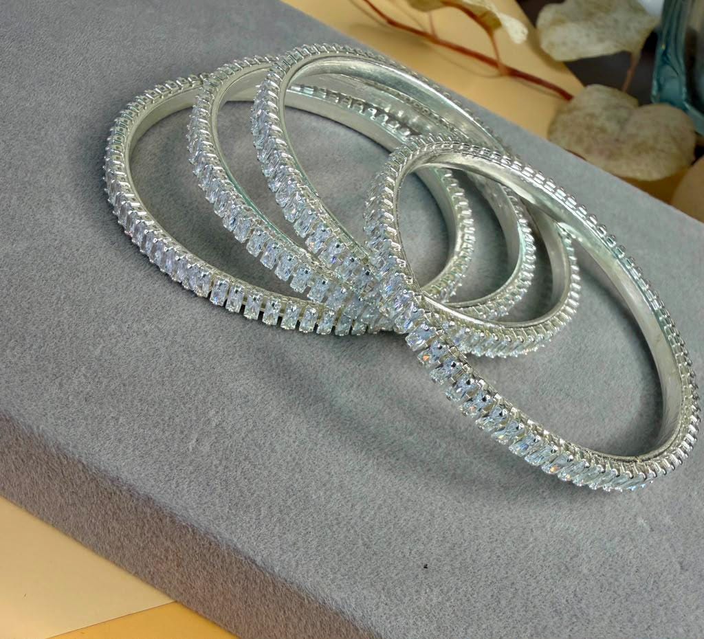 Silver Tone Tennis Bangle Set, Stackable Statement Bangles, Elegant Bridal Wrist Jewelry sizes 2.4 2.6 2.8
