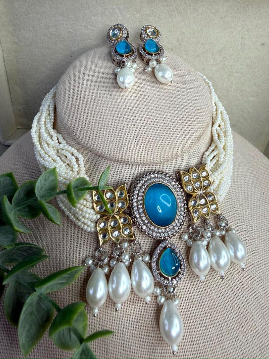 Turquoise Pearl Choker Set, Statement Bridal Necklace, Multi Strand Pearl Jewelry