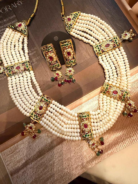 Multi Strand Pearl Statement Necklace Set, Traditional Bridal Necklace, Matching Earrings