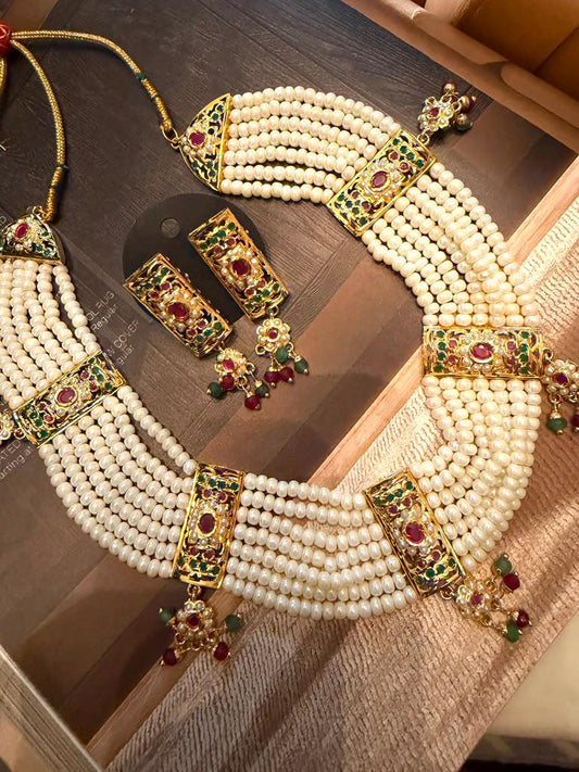 Multi Strand Pearl Statement Necklace Set, Traditional Bridal Necklace, Matching Earrings