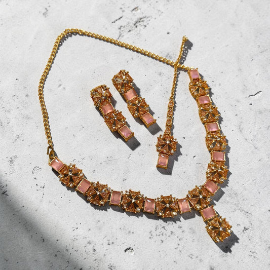 Pink Necklace Set with Matching Earrings and Maang Tikka, Coordinated Bridal Jewelry Set