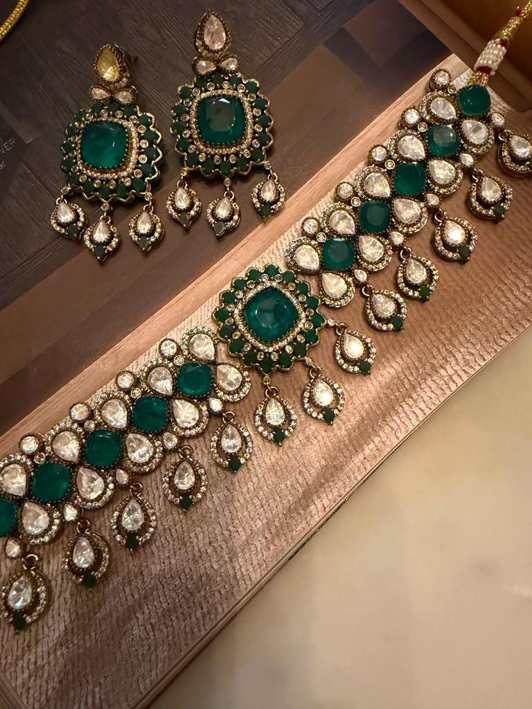 Emerald Green Bridal Choker Set, Statement Wedding Necklace, Matching Chandbali Earrings