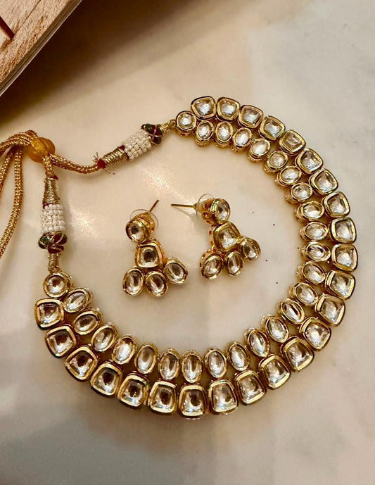 Kundan Choker Necklace Set, Minimal Bridal Necklace, Traditional Wedding Jewelry, Gold Tone