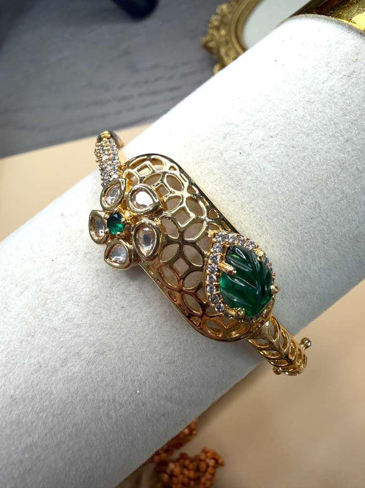 Gemstone Open Cuff Bracelet, Adjustable Statement Bangle, Traditional Gold Tone Bracelet