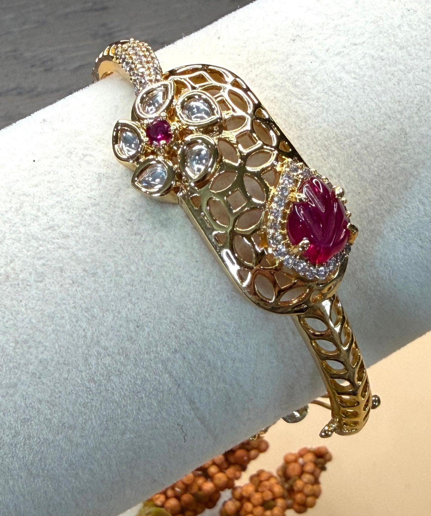 Gemstone Open Cuff Bracelet, Adjustable Statement Bangle, Traditional Gold Tone Bracelet