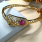 Gemstone Open Cuff Bracelet, Adjustable Statement Bangle, Traditional Gold Tone Bracelet