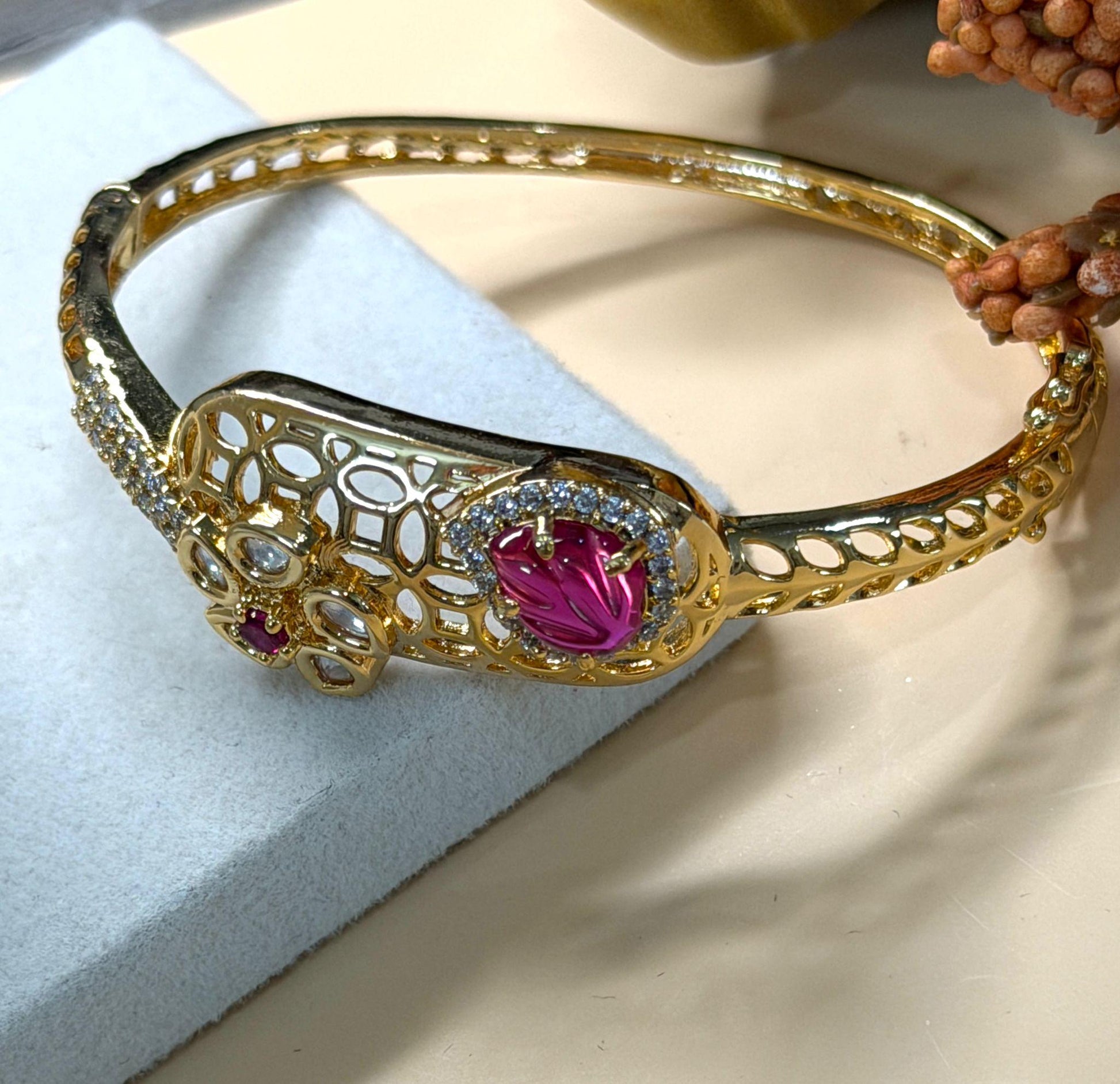 Gemstone Open Cuff Bracelet, Adjustable Statement Bangle, Traditional Gold Tone Bracelet