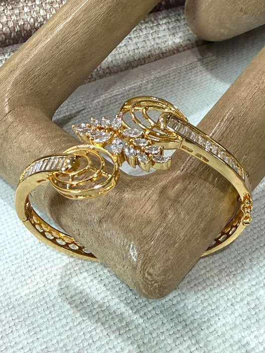 Floral Open Cuff Bracelet, Gold Tone Statement Bangle, Adjustable Bridal Bracelet, Elegant Wedding Jewelry
