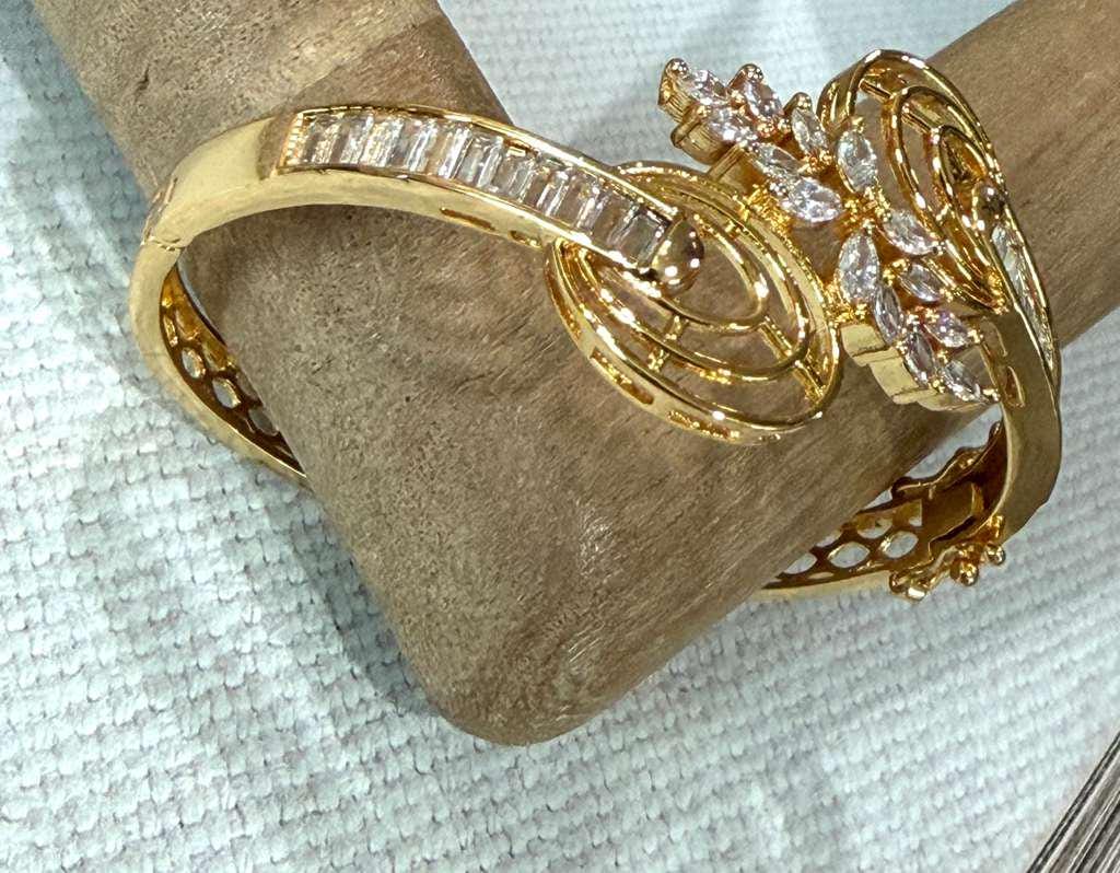 Floral Open Cuff Bracelet, Gold Tone Statement Bangle, Adjustable Bridal Bracelet, Elegant Wedding Jewelry