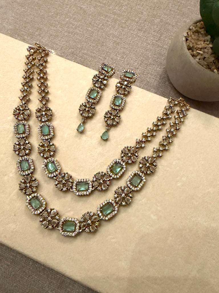 Gold Plated Emerald Green Necklace Set, Floral Statement Jewelry Set,