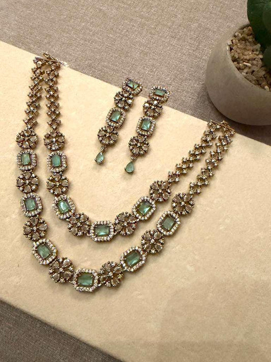 Gold Plated Emerald Green Necklace Set, Floral Statement Jewelry Set,