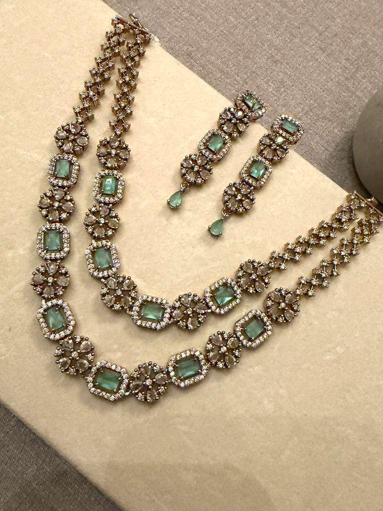 Gold Plated Emerald Green Necklace Set, Floral Statement Jewelry Set,