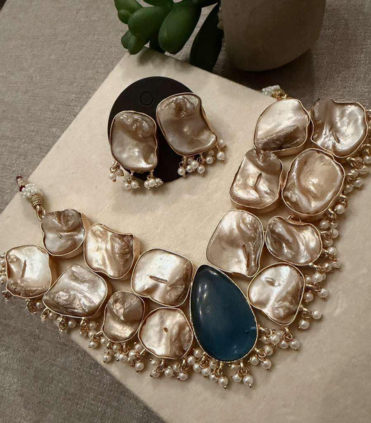 Gold Plated Baroque Pearl Necklace Set, Statement Bridal Jewelry Set,