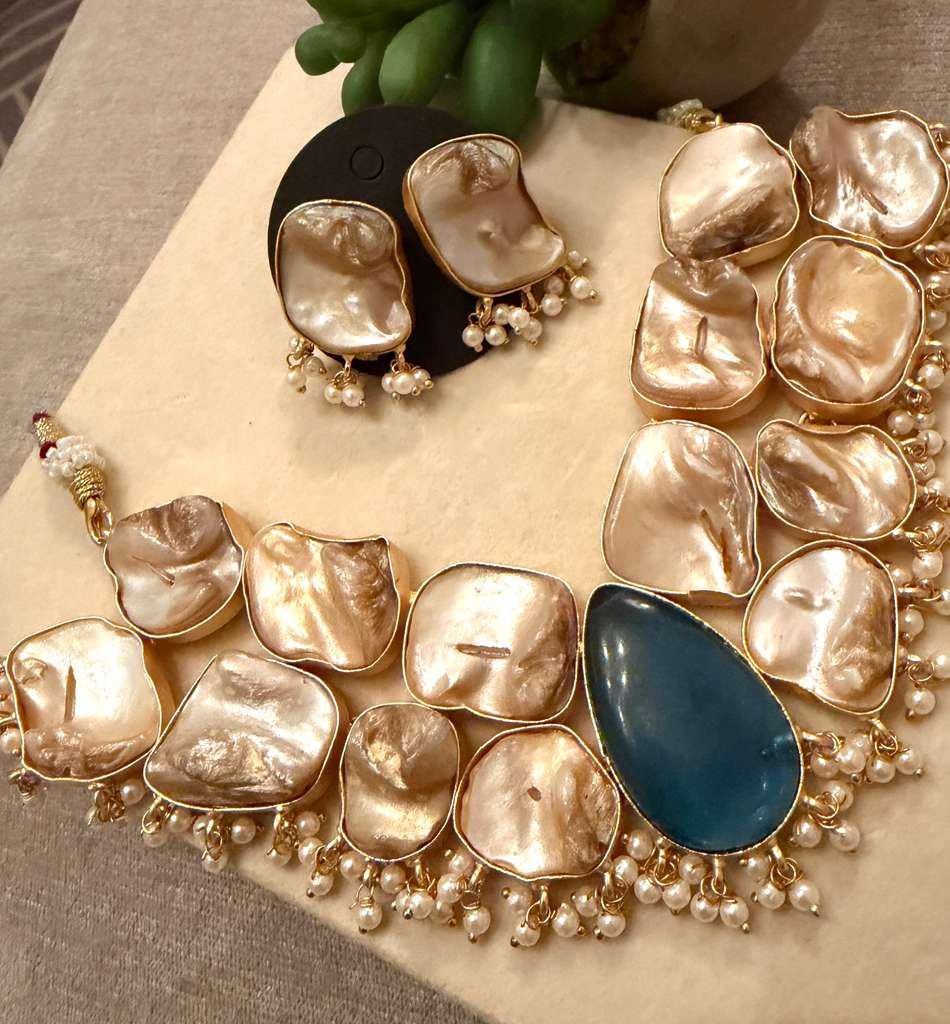 Gold Plated Baroque Pearl Necklace Set, Statement Bridal Jewelry Set,