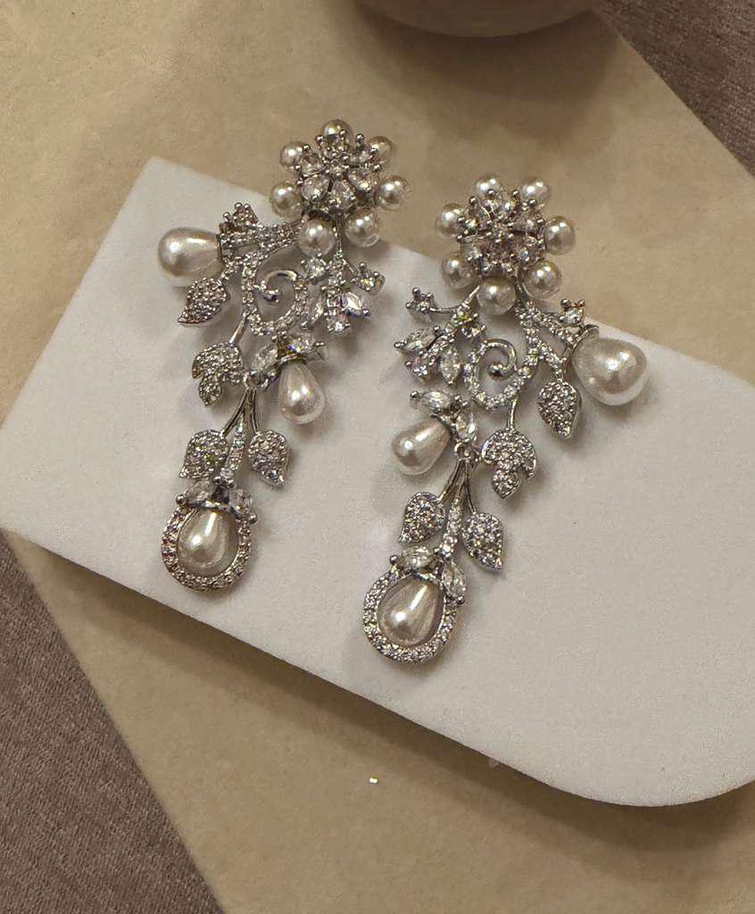 Silver Tone Pearl Drop Earrings, Cubic Zirconia Statement Earrings