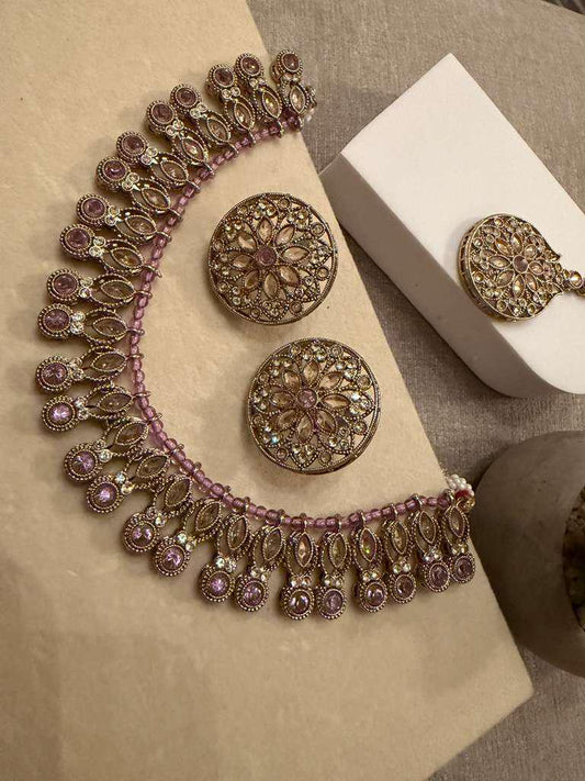 Gold Plated Pink Choker Necklace , Floral Bridal Jewelry Set with Tikka, Traditional Wedding Jewelry