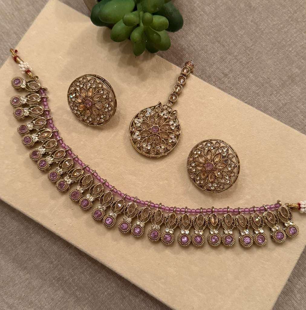 Gold Plated Pink Choker Necklace , Floral Bridal Jewelry Set with Tikka, Traditional Wedding Jewelry