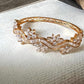 Floral Wave Cuff Bracelet, Gold Tone Crystal Bangle, Elegant Statement Bracelet, Bridal Wedding Jewelry