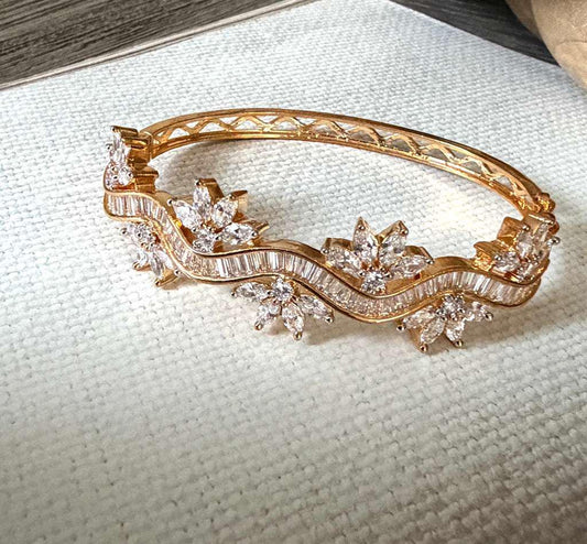 Floral Wave Cuff Bracelet, Gold Tone Crystal Bangle, Elegant Statement Bracelet, Bridal Wedding Jewelry