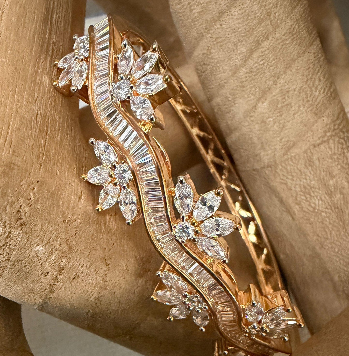 Floral Wave Cuff Bracelet, Gold Tone Crystal Bangle, Elegant Statement Bracelet, Bridal Wedding Jewelry