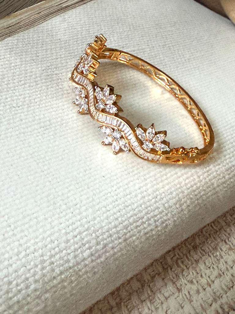 Floral Wave Cuff Bracelet, Gold Tone Crystal Bangle, Elegant Statement Bracelet, Bridal Wedding Jewelry
