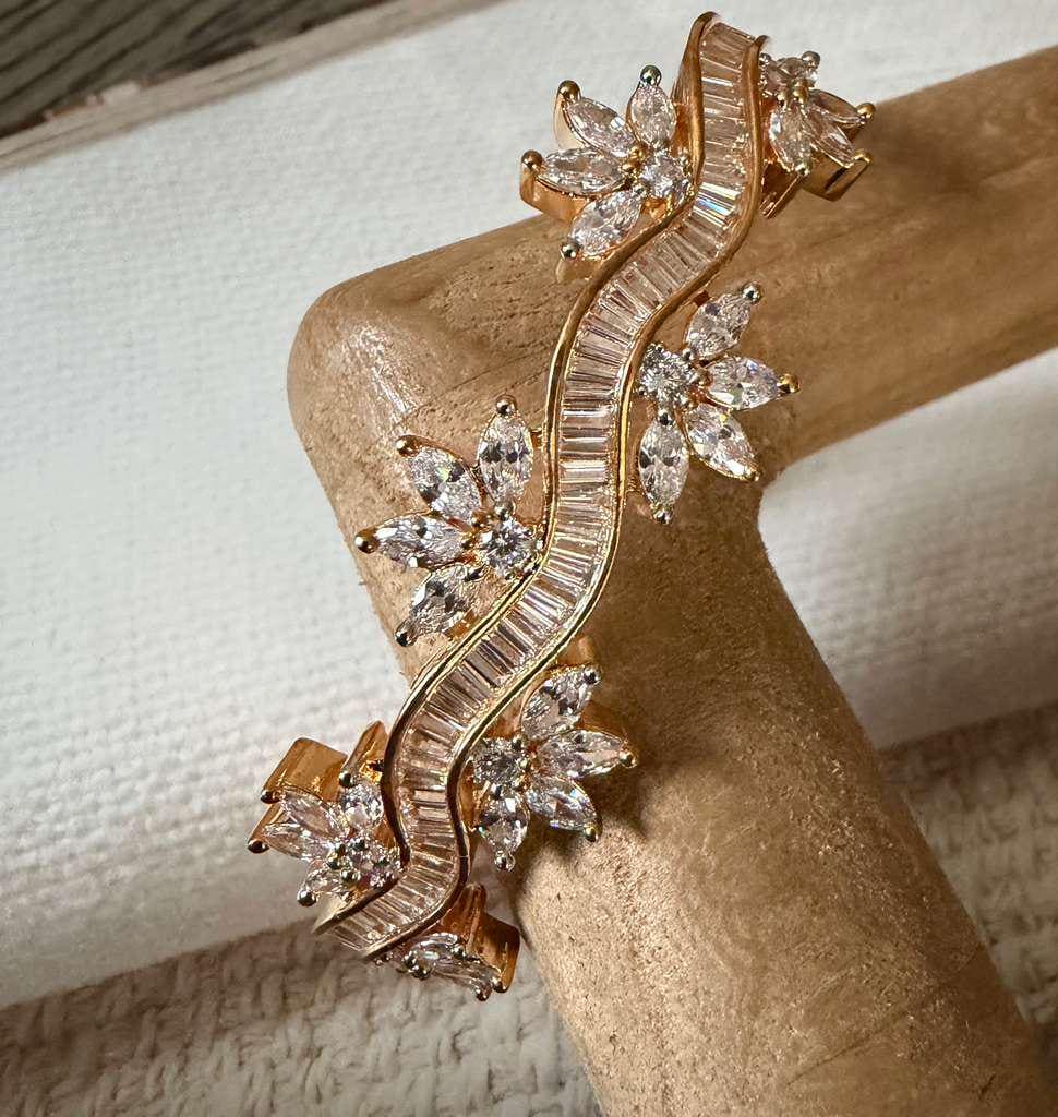 Floral Wave Cuff Bracelet, Gold Tone Crystal Bangle, Elegant Statement Bracelet, Bridal Wedding Jewelry