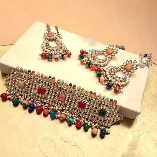Gold Plated Multicolor Bridal Choker Set, Kundan Choker Necklace with Earrings & Maang Tikka