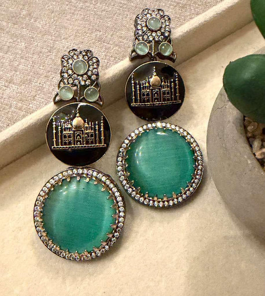 Gold Plated Taj Mahal Statement Earrings, Green Gemstone Earrings