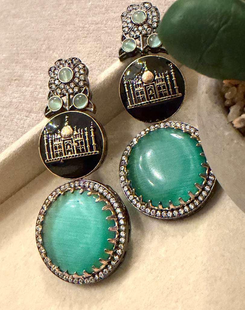 Gold Plated Taj Mahal Statement Earrings, Green Gemstone Earrings