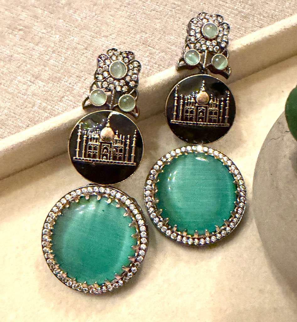Gold Plated Taj Mahal Statement Earrings, Green Gemstone Earrings