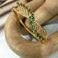 Emerald Leaf Cuff Bracelet, Green Crystal Gold Tone Bangle, Statement Bracelet, Bridal Wedding Jewelry