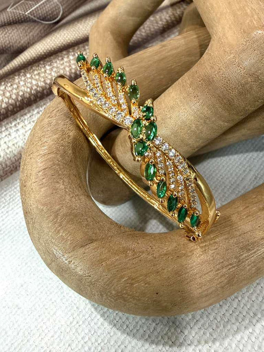 Emerald Leaf Cuff Bracelet, Green Crystal Gold Tone Bangle, Statement Bracelet, Bridal Wedding Jewelry