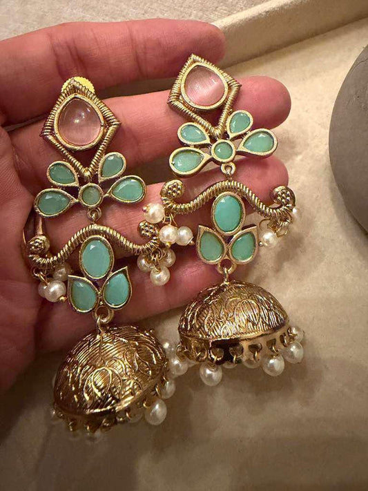 Gold Plated Mint Green Jhumka Earrings, Kundan Style Pearl Jhumki, Statement Drop Earrings