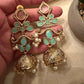 Gold Plated Mint Green Jhumka Earrings, Kundan Style Pearl Jhumki, Statement Drop Earrings
