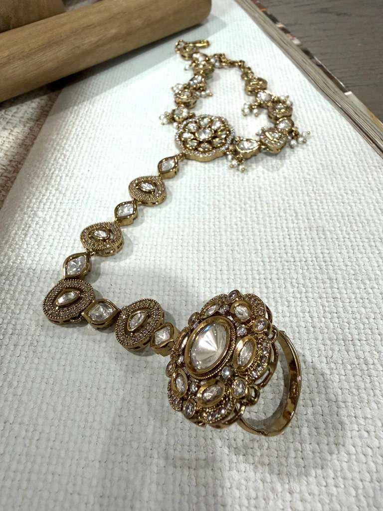 Traditional Kundan Bracelet Ring Set, Hathphool Hand Chain Jewelry, Bridal Hand Harness