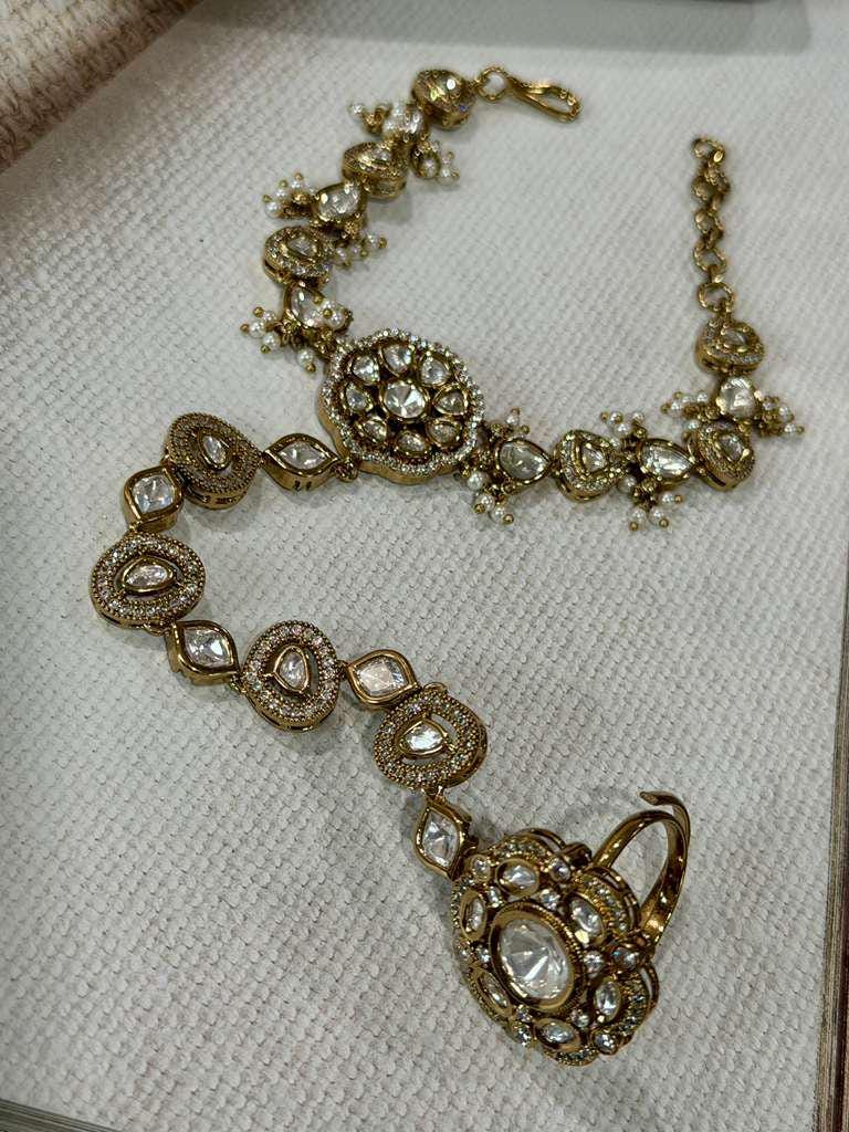 Traditional Kundan Bracelet Ring Set, Hathphool Hand Chain Jewelry, Bridal Hand Harness