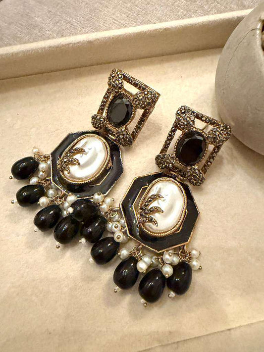 Gold Plated Black Statement Earrings, Pearl Drop Earrings, Kundan Style Dangle