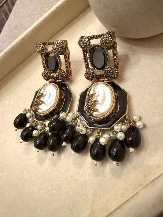 Gold Plated Black Statement Earrings, Pearl Drop Earrings, Kundan Style Dangle