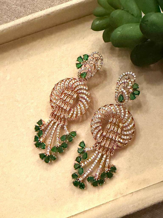 Gold Plated Emerald Green Statement Earrings, CZ Dangle Earrings