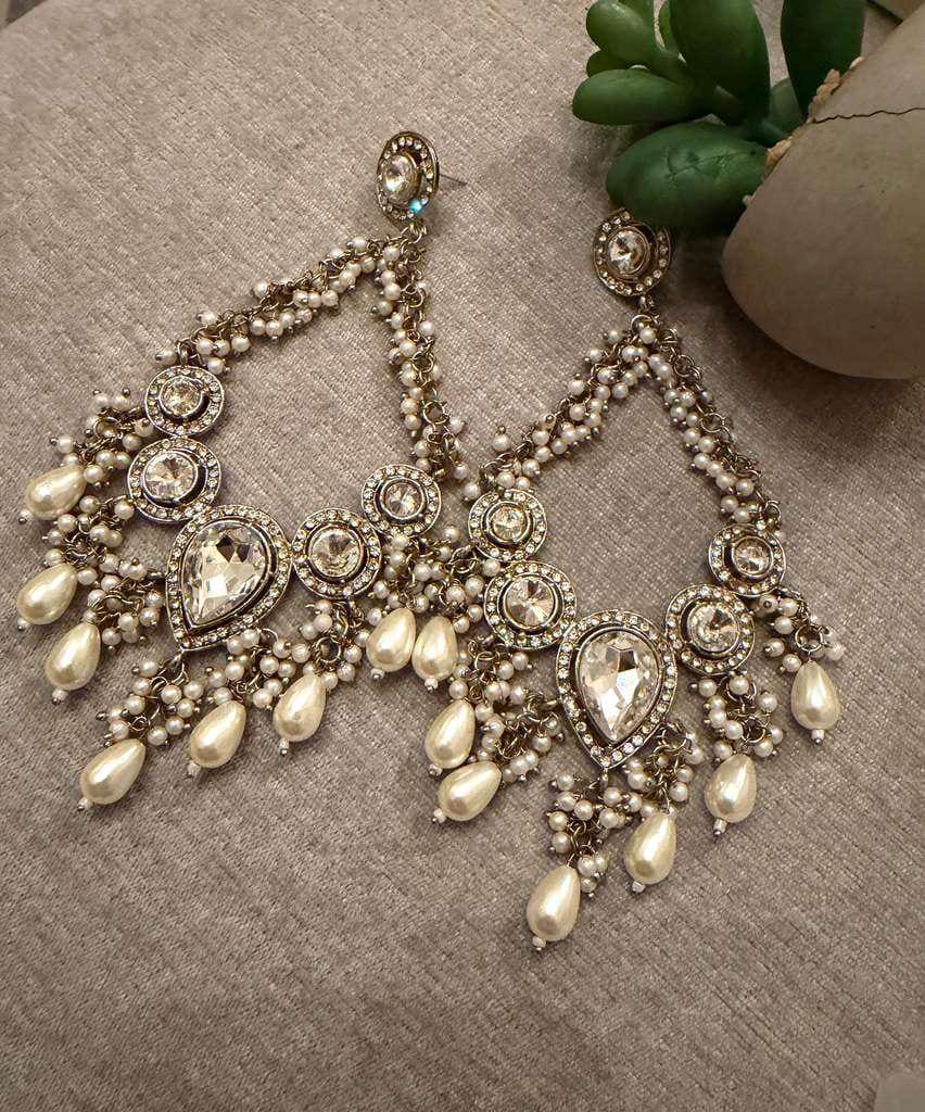 Gold Plated Kundan Style Pearl Chandbali Earrings, Statement Bridal Earrings