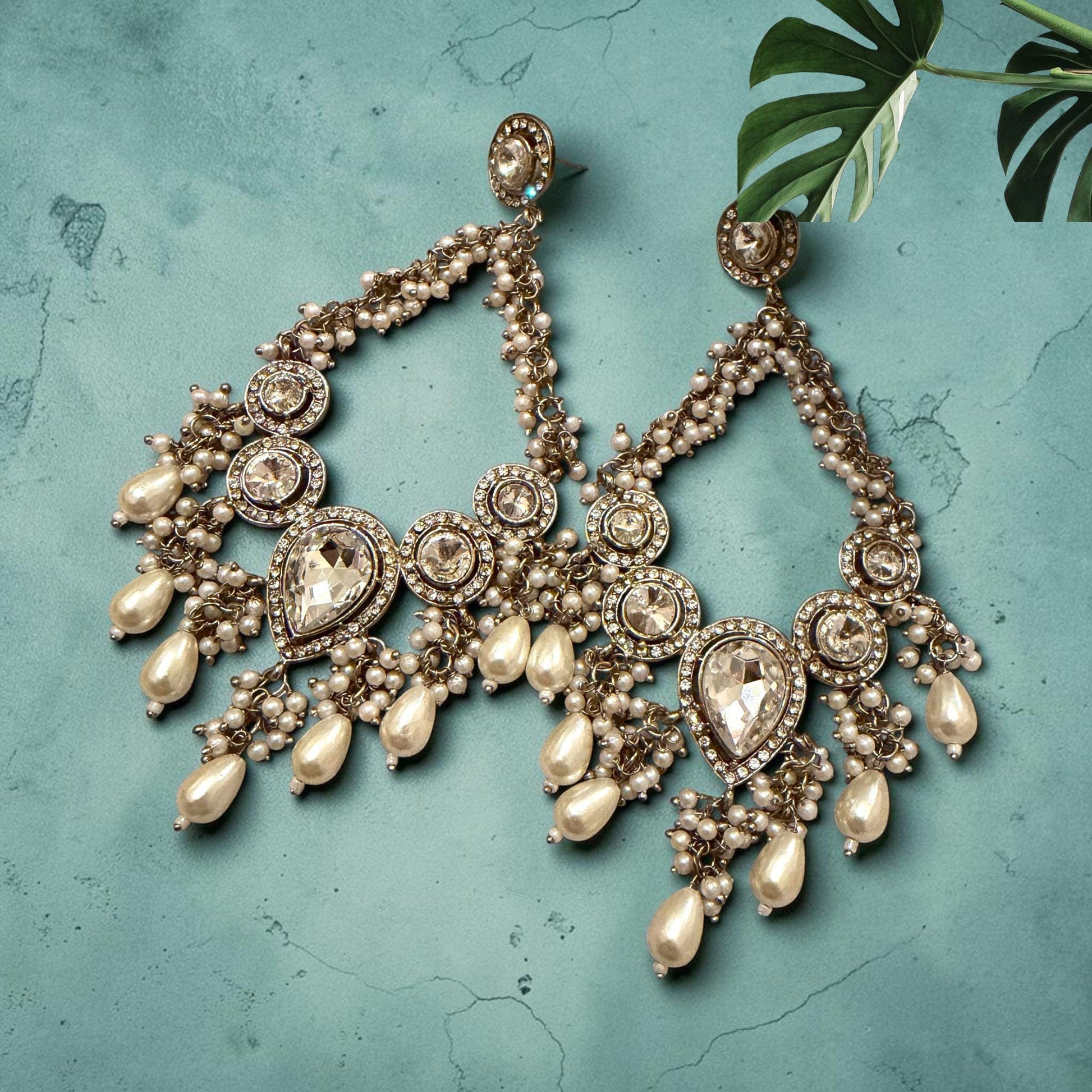 Gold Plated Kundan Style Pearl Chandbali Earrings, Statement Bridal Earrings